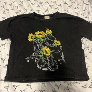 Source Unknown Black Crop Top with Sunflower and Cowboy Boot Design